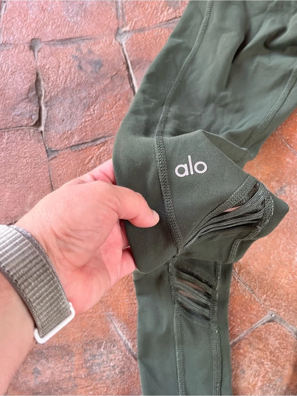Alo Yoga Multi Legging Dark Green Mesh Cut Out Stripes Stretch Size  XXS/XS